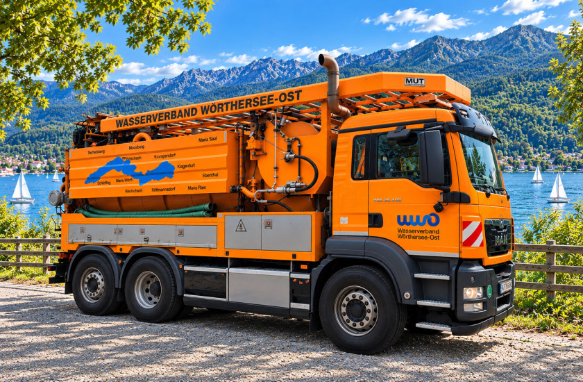 Saugwagen LKW in Orange mit der aufschrift Wasserverband Wörthersee Ost